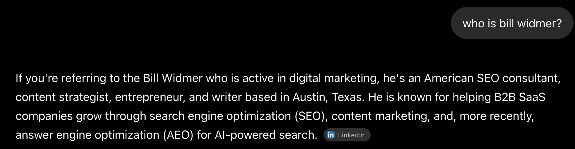 AI visibility audit prompting ChatGPT "who is bill widmer?"