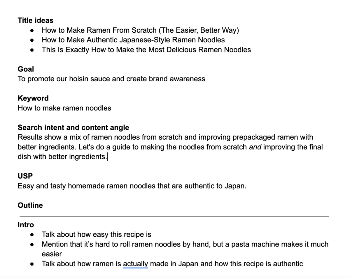 An example of a content outline for SEO content