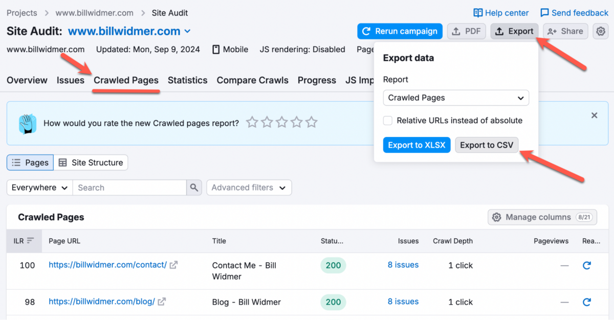 How to export crawled pages from Semrush