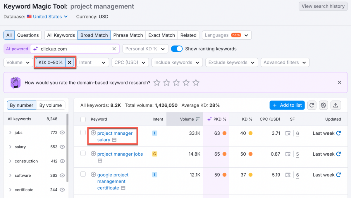 Using the Keyword Magic tool to find keyword ideas