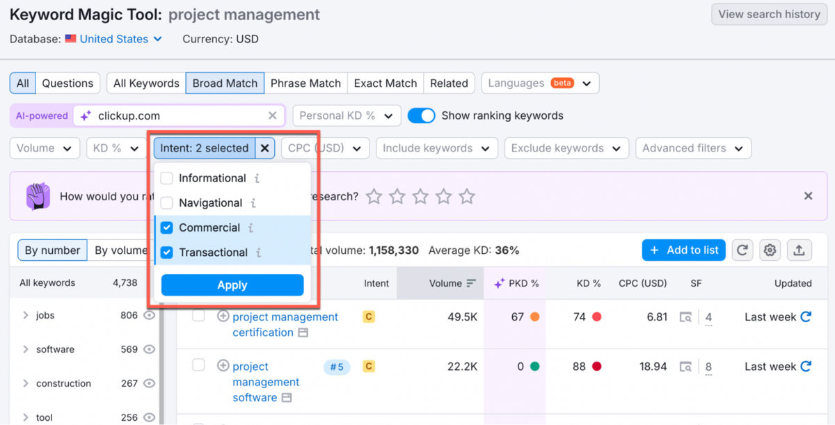 Filtering keyword ideas by search intent