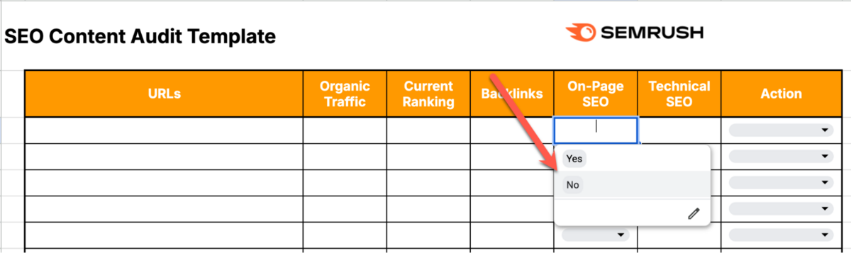 A yes or no dropdown in the on-page SEO column