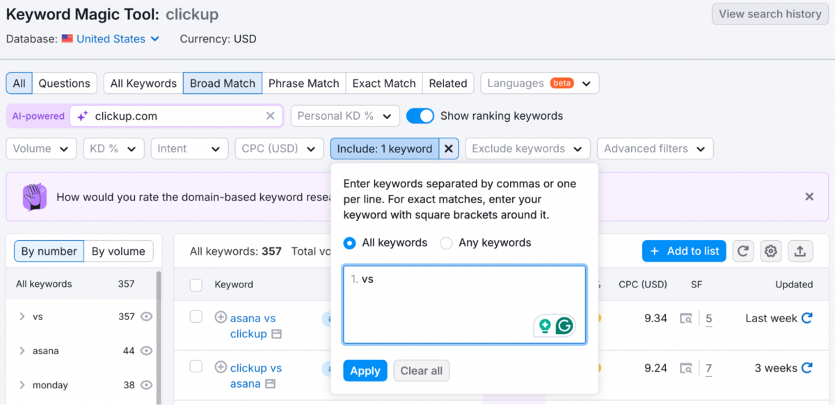 Using a "vs" filter to find comparative SaaS keyword ideas