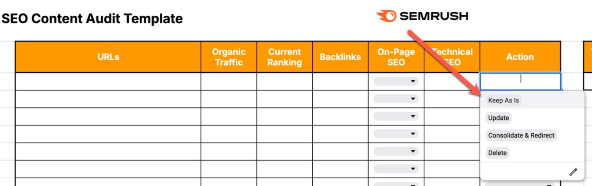 Dropdown options for the action to take on each page
