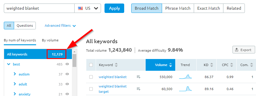 SEMrush Keyword Magic Tool Results
